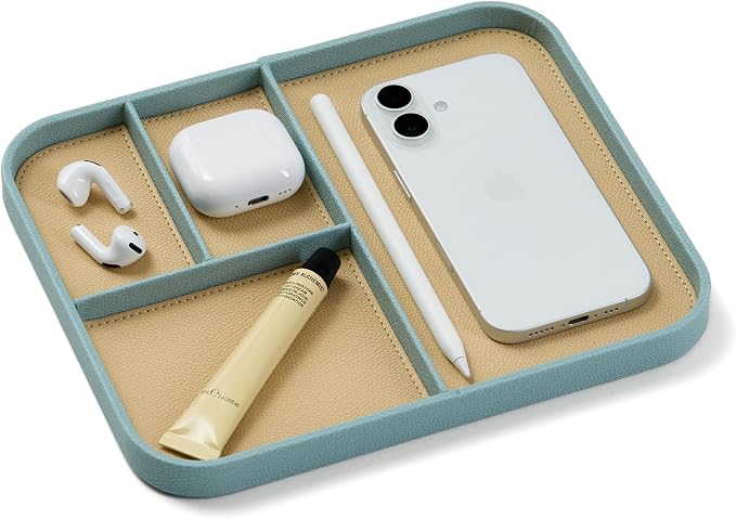 Nordik Leather Valet Tray - Seafoam Mist - 9.5 x 7.9 Inch Medium Vegan Leather Tray - Stylish Nightstand Organizer for Men - Modern Bedside Caddy - EDC Catchall for Key Watch Wallet Jewellery