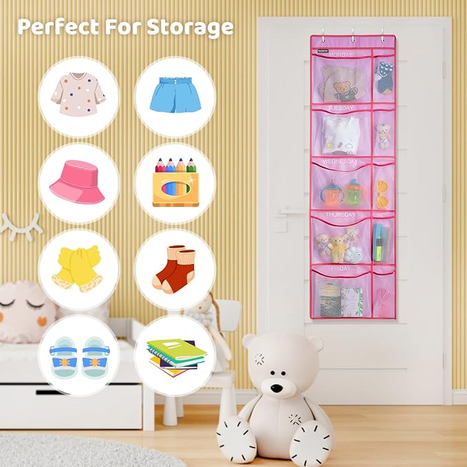 Weekly Kids Clothes Organizer - Day of Week School Clothing Organizer, Monday to Friday Time Save, No Odour, 5-Shelf Hanging Closet Storage (Pink)