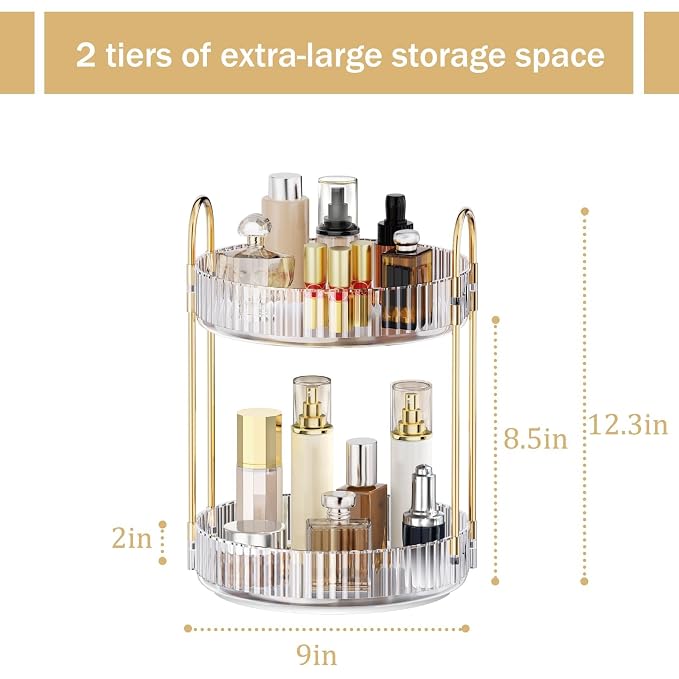 MOKANI 360 Rotating Makeup Organizer for Vanity, 2 Tier Adjustable Perfume Organizer for Dresser, Multi-Function Spinning Cosmetics Skincare Storage for Bedroom, Dresser, Countertop, Clear