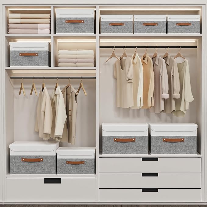 Yawinhe Collapsible Storage Bin, Cube Organizer Basket, Fabric Box with Lids, Washable and Leather Handle, for Home, Closet, White/Grey, 13.0''Lx9.0''Wx7.9''H, 1-Pack, SNK024WGS-1