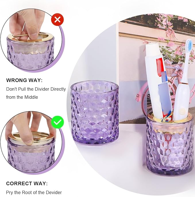 2pcs Purple Toothbrush Holders for Bathrooms, Glass Toothbrush Holder and Bathroom Tumbler Set, Gold Tooth Brush Cup Holder, Bathroom Counter Organizer for Brushes, Toothpaste