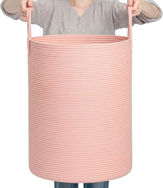 CLHMILY&Z Laundry Hamper Round Storage Rope Basket in Living Room, Bedroom, Laundry Room for Toy, Clothes, Blanket, Pillow (Pink, 80L)