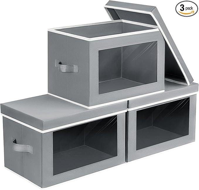 Homsorout Storage Bins with Lids - Small Fabric Organizers with Window, Collapsible Storage Bins for Clothes, Decorative Closet Organizers for Towels, Tshirt, 3 Pack, Grey