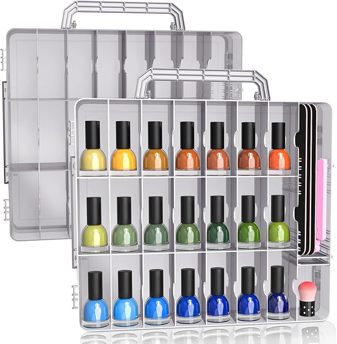 SUBAY 2 Pcs Portable Nail Polish Organizer, Clear Double Side Nail Polish Holder,Gel Nail Storage for 48 Bottles with 6 Adjustable Dividers in Each Side Space Saver Grey
