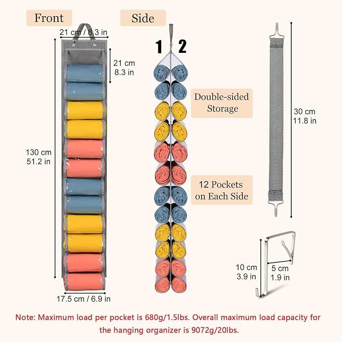 Lirex Hanging Yoga Legging Storage Organizer with 24 Pockets, Foldable Oxford Cloth Hanging Closet Organizer Shirts Jeans Storage Hanger Socks Holder for Family Closet Bedroom, Grey