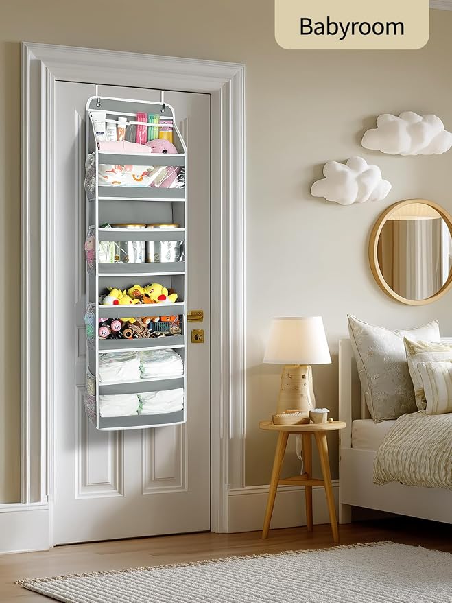 Yecaye 5 Tier Over the Door Organizer, Swing-proof Door Organizer Hanging with Clear PVC Windows, Behind the Door Storage for Bedroom Nursery Closet Laundry Pantry Bathroom, Grey