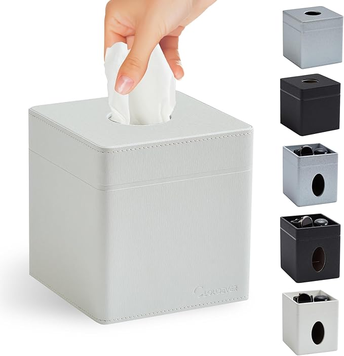Square Tissue Box Cover Holder with Patented Texture for Kleenex/Puffs Cubes | Desktop & Shelf Decor | Stardust Black/Polar Ice/Liquid Iridium | Patented Metal-Look PU Leather -Polar Ice