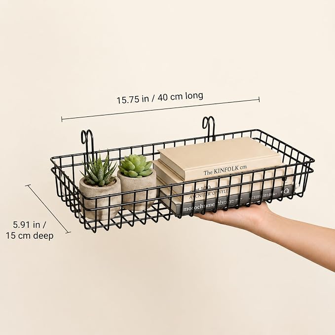 ANZOME Grid Wall Baskets, 4 Pack Black Wire Mesh with Hooks | Hanging storage bins for craft room, retail, office & pantry, built-in mounting clips, display shelf organizer, sturdy quad