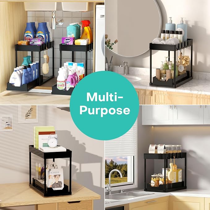 Under Sink Organizers 2 Pack, Pull-Out Sliding Cabinet Organizer with 2-Tier Storage Shelf & 4 Hooks, Multi-Purpose for Kitchen & Bathroom (13 Inch, Black)