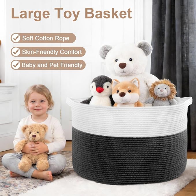 XXXL Large Laundry Basket, 105L Soft Cotton Rope Basket, Blanket Storage and Organizers, Baby Nursery Laundry Hamper, Extra Large Toys Storage Bins for Kids 23.6'' x 14.6'', White & Black
