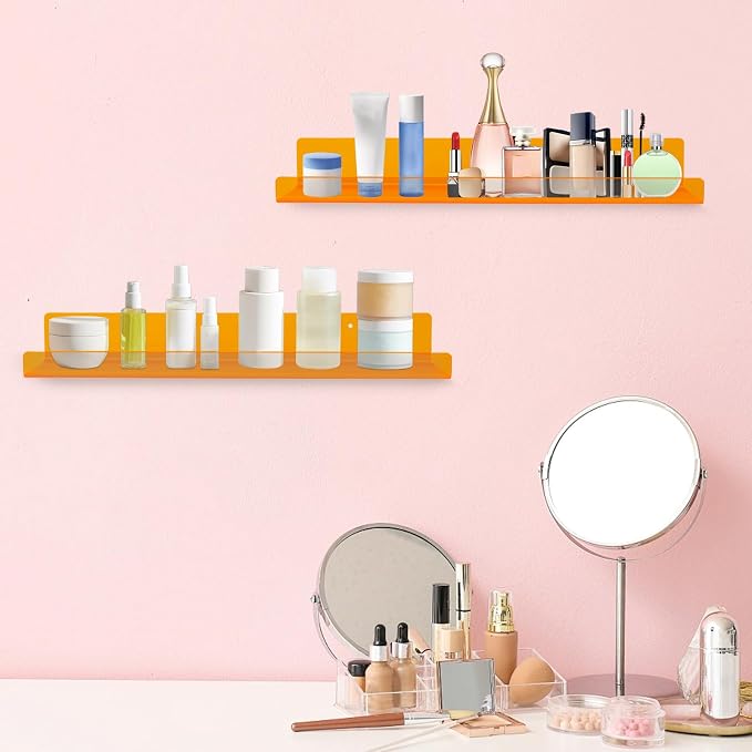 Dezzer 6 Pack Acrylic Shelves for Wall, 15" Acrylic Floating Shelves for Bathroom Bedroom, Invisible Bookshelf Wall Ledge Storage Shelf Books Perfume Toys Action Figure Display Shelves, Clear Orange
