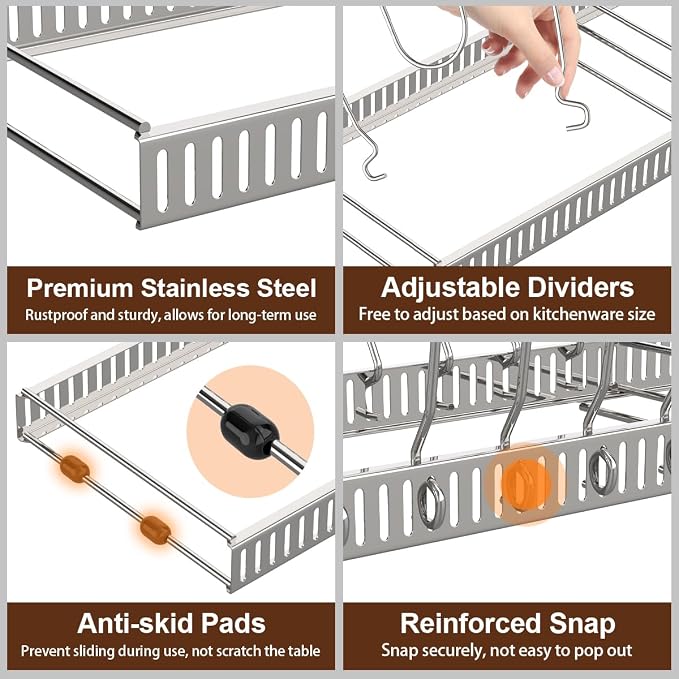 Housolution Pot and Pan Organizer Rack for Cabinet, Stainless Steel Expandable Pot Lid Organizer with 14 Adjustable Dividers, Pot and Pan Holder Rack Storage Organizer for Kitchen, Silver