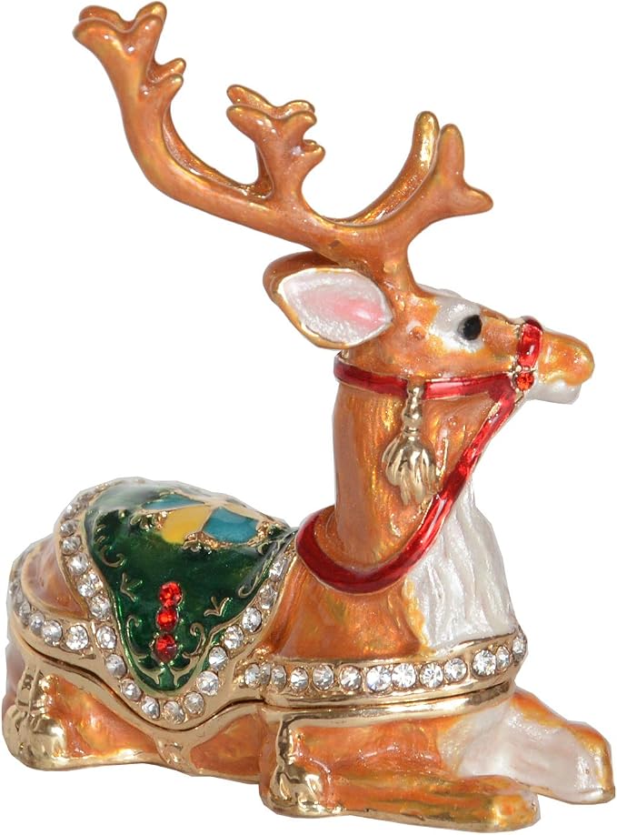 Christmas Reindeer Trinket Box Jewelry Box Hand Painted Decorative Box with Hinged Lid Ring Earring Holder Holiday Figurine Collectible