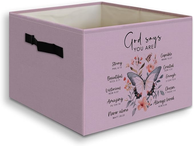 Purple Christian Foldable Basket Storage Bins Box with Handles, God Says You Are Bible Verse Butterfly Collapsible Organizer Basket for Girly Room Bedroom Bathroom Clothes Toys Books