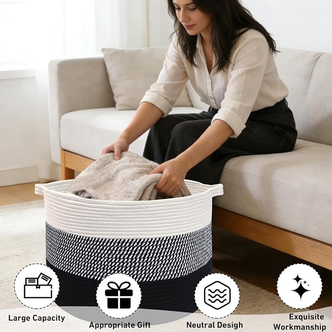 115L Extra Large Blanket Basket,Woven Rope Laundry Basket Hamper with Handles, Decorative Nursery Basket Storage Bin for Toys, Clothes Organizer, Living Room, Bedroom, Bathroom, Black