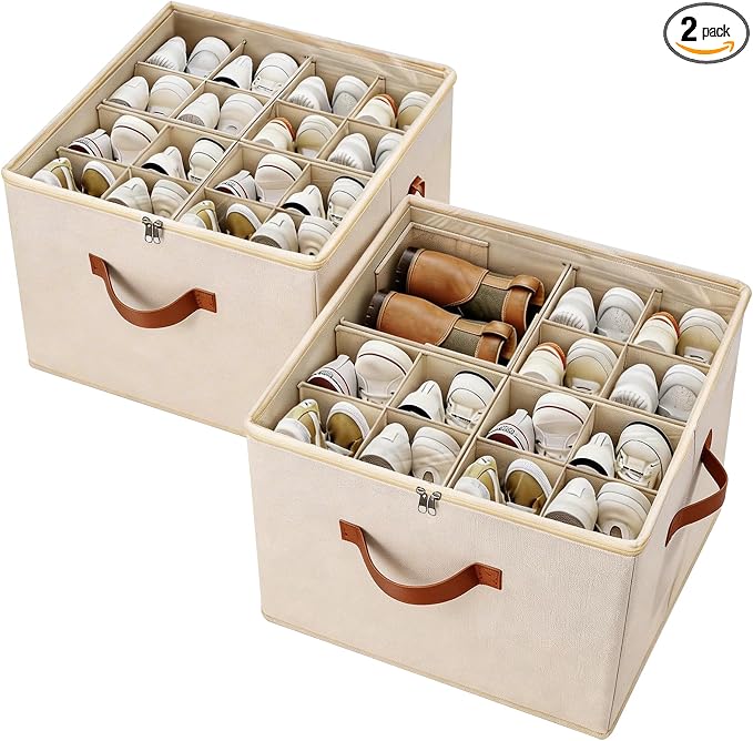 𝐌𝐄𝐂𝐈𝐍𝐅𝐔𝐋 Shoe Storage Organizer 2 Pack, Fabric Stackable Shoe Box with Clear Lid & Adjustable Dividers, Foldable Closet Organizer Fits 16-32 Pairs, Dustproof for Bedroom Entryway