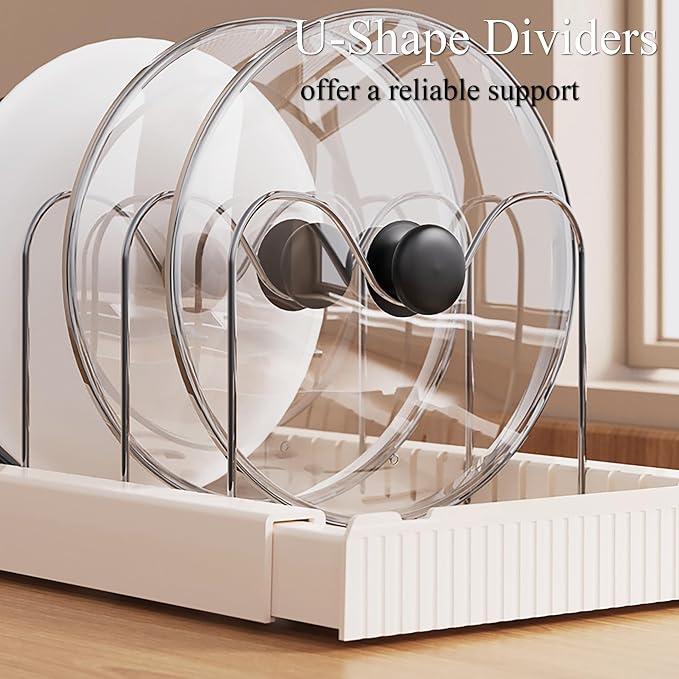 Pots and Pans Organizer Under Cabinet 10 Adjustable Dividers Expandable Pot Pan Lid Holder Organizers Rack inside Cabinet for Kitchen Storage Cookware, Cutting Boards, Lid, Dishes,White