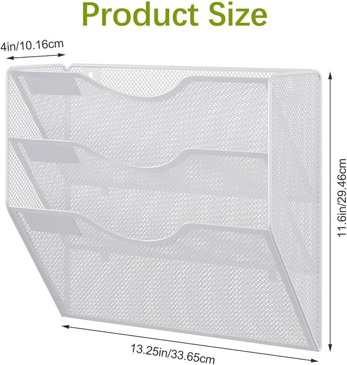 EasyPAG 3 Pocket Mesh Wall File Organizer, Hanging Paper Folder Holder with Classify Label, Vertical Wall Mount Mail Organizer for Office Home Classroom, White