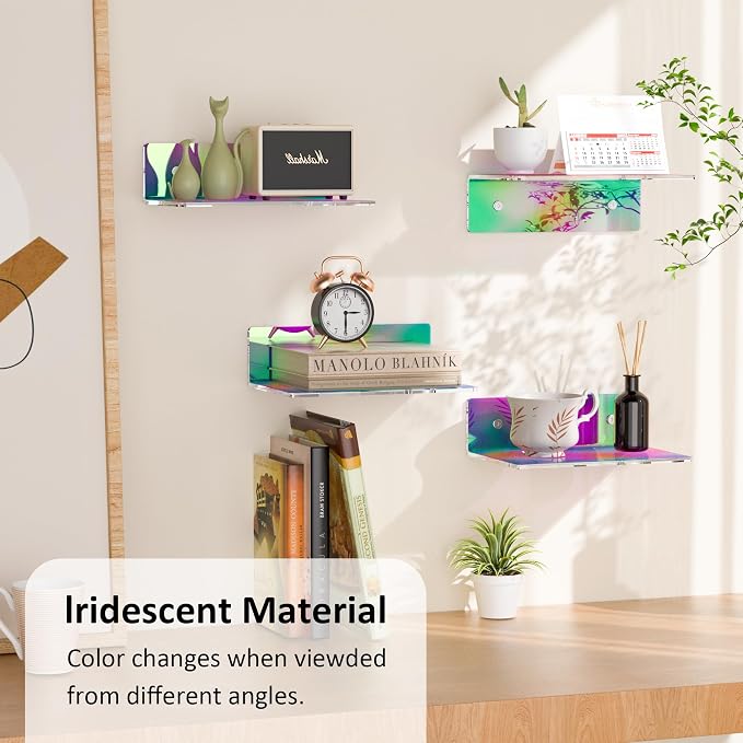 Sezanrpt 9 Inch Iridescent Wall Shelves, Acrylic Small Floating Shelf, Home Wall Display Shelf for Storage, Room Décor, Space Saving, Items Organizer, Bathroom Organizer, 4 Pack