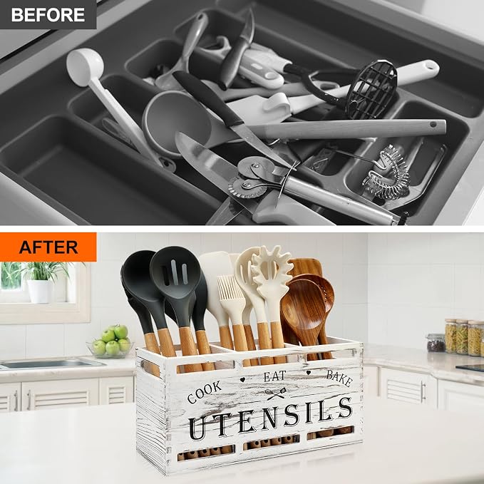 White Cooking Kitchen Utensils Holder Large Wooden Spoon Spatula Holders | Big Wood Utensil Organizer Farmhouse Wooden Utensil Caddy Rustic Spoon Holder Countertop Kitchen Tools Decor Utensil Crocks