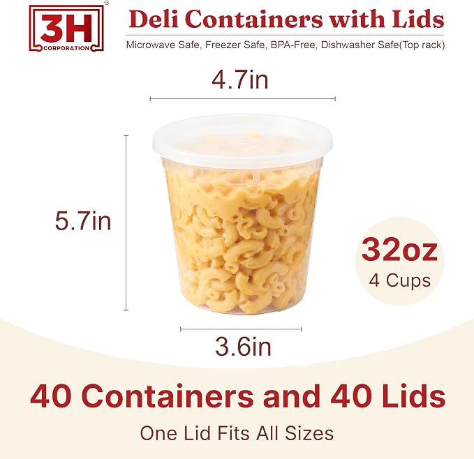 32oz Deli Containers with Lids (40 Sets/80 Pcs) Quart Plastic Containers with lids, BPA-Free Microwave Freezer Safe Bowl, Leakproof Food Prep Containers for Leftover Food Storage &To-Go