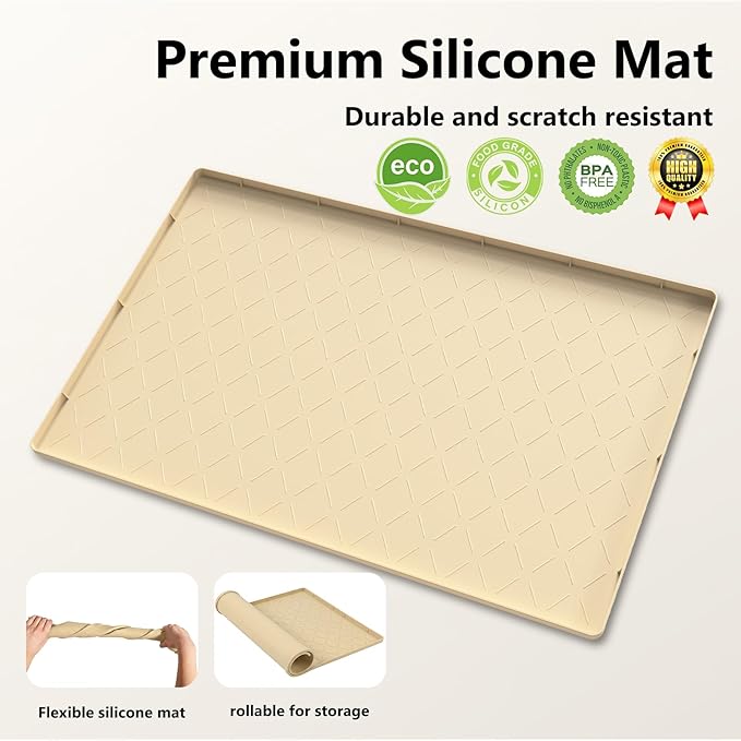 Mateeylife Under Sink Mats for Kitchen Waterproof 34"X22", Undersink Protectors，Silicone Mat Cabinet Liner, Under Sink Organizer for Bathroom and Kitchen，Boot Tray Pet Food Mat, Khaki