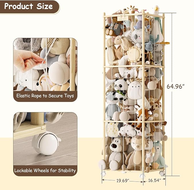 Stuffed Animal Storage Zoo with Wheels,Montessori-Inspired Solid Pine Wood Plush Toy Organizer,Extra Tall Stuffed Animal Holder with Thick Elastic Cords for Nursery,Kids Room and Bedroom,Extra Large