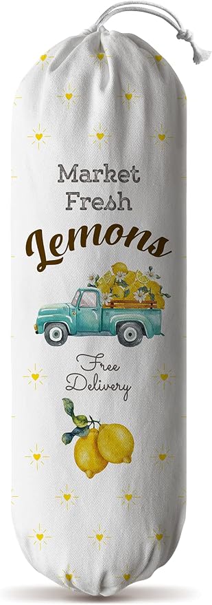 Hglian Farmhouse Grocery Bag Holder Cute Market Fresh Lemons Buffalo Check Truck Plastic bag Storage Organizer