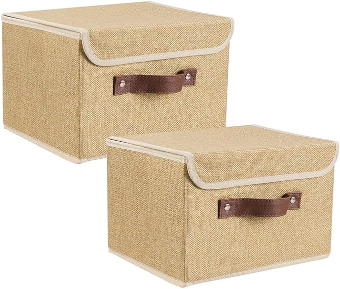 2Pack Storage Bins Boxes with Lids 15"x10"x10" Decorative Storage Baskets | Cotton Linen Fabric, Collapsible, Faux Leather Handles, Storage Cubes, Closet Shelf Clothes Organizer Container, Khaki