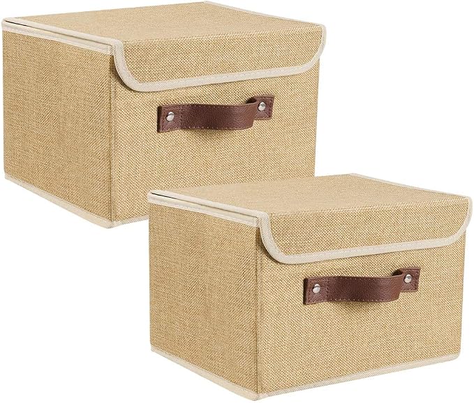 2Pack Storage Bins Boxes with Lids 10" x 8" x 7" Decorative Storage Baskets | Cotton Linen Fabric, Collapsible, Faux Leather Handles, Storage Cubes, Closet Shelf Clothes Organizer Container, Khaki