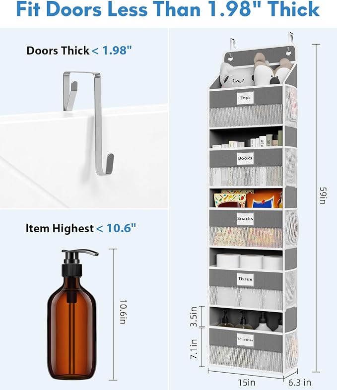 Optish Over The Door Organizer Hanging, 5 Shelf Behind The Doors Storage, Pantry Door Organizer, Closet Organizers for Bedroom and Nursery (Dark Grey)