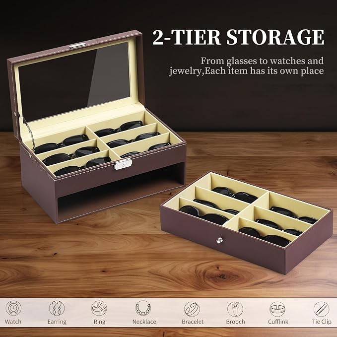 AUTOARK Leather Eyeglasses Storage Case Organizer,12 Piece,Brown,AW-129 | Sunglass Display,Drawer Lockable