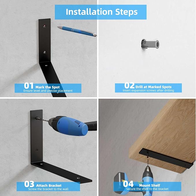 6 Pack Heavy Duty 8 Inch Black Shelf Brackets, L Shelf Bracket 8 Inch for Floating Shelves, 1/5-Inch Thick