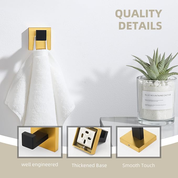 Angle Simple Towel Hook Black & Gold, 304 Stainless Steel Square Robe Bathroom Hook for Wall