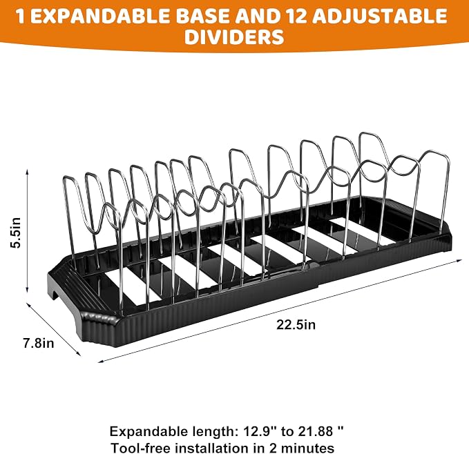Expandable Pot Rack Organizer, 12 Adjustable Compartments, Pot and Pan Organizer Rack for Cabinet with Cup Brush Dividers, 13 -22" Wide Adjustable Pan Organizer - Pantry Countertop Storage (Black)