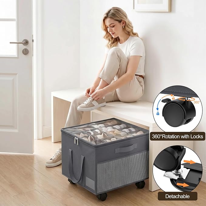Large Shoe Organizer for Closet, 16 Pairs Shoe Storage Box with 360° Wheels & Reinforced Handles, Adjustable Dividers, Clear Cover, Side Pocket, Foldable Oxford Fabric Bin for Entryway, Grey