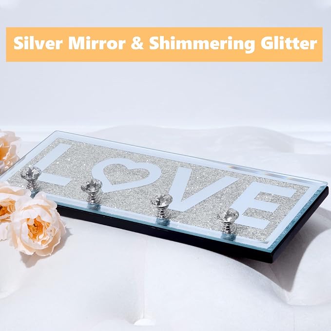 SHYFOY Mirrored Key Holder for Wall Decorative Love Letter Sign Plaque Key Hanger for Decor, Glitter Key Rack Wall Hanger with 4 Crystal Hooks for Entryway Front Door Key Hanging