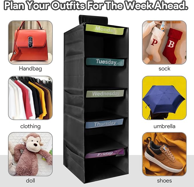 5-Shelf Weekly Clothes Organizer for Kids Days of The Week Storage (Black) | Days of The Week Hanging Storage Shelves for Dorm Room Essential, Daily Shelf Closet Organizer with 6 Side Pockets