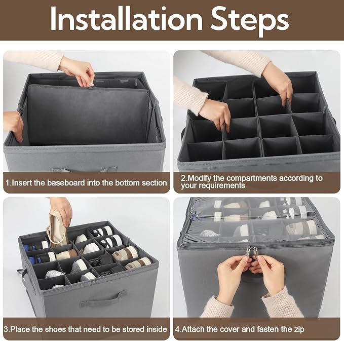VZZNN Shoe Organizer for Closet, 2 Pack Foldable Shoe Storage Bins with Clear Cover and Adjustable Dividers, Fits up to 16 Pairs, Large Shoe Box Storage Containers with Reinforced Handles (grey)