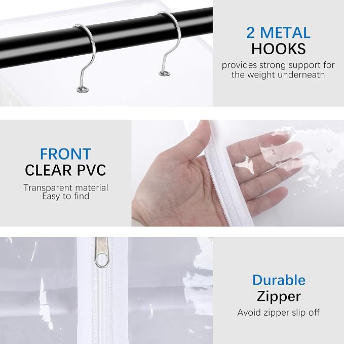 8 Tier Clear PVC Closet Hanging Organizer with Zipper, Foldable Hanging Closet Organizers and Storage, Hanging Clothes Storage Organizer, hanging shoe organizer, White Closet Shelves