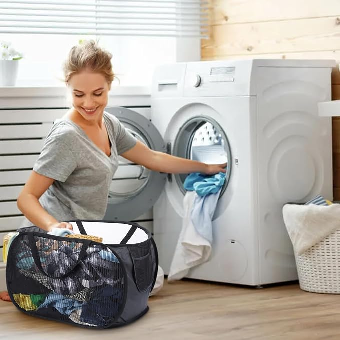 4 Pcs Popup Mesh Laundry Basket, Laundry Hamper with Side Pocket Foldable Storage Basket with Durable Handles for Bathroom Travel Dorm