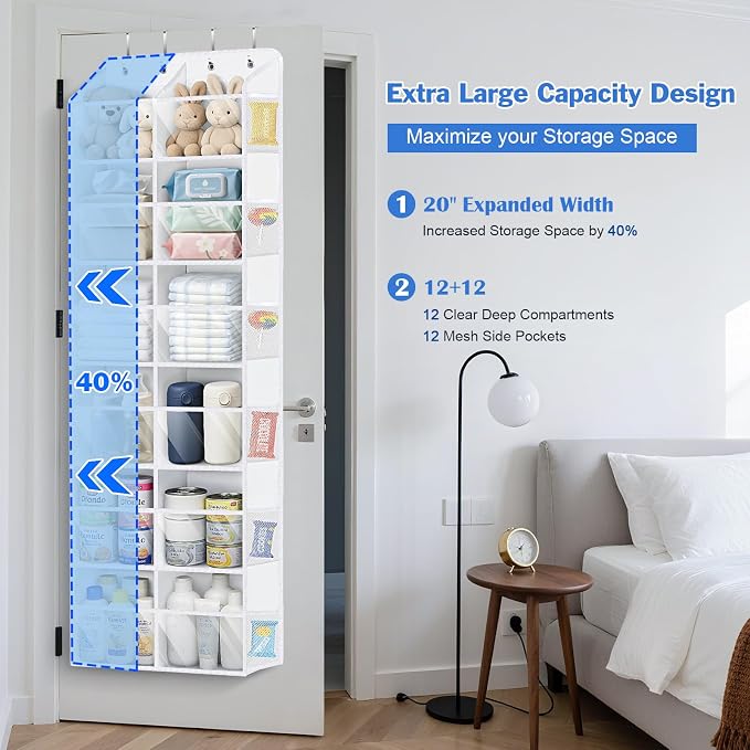 Univivi Over the Door Organizer, 6 Tiers Behind Door Storage with Clear Deep Pockets Hanging Organizer for Closet, Bedroom, Nursery, Bathroom and Sundries (White)