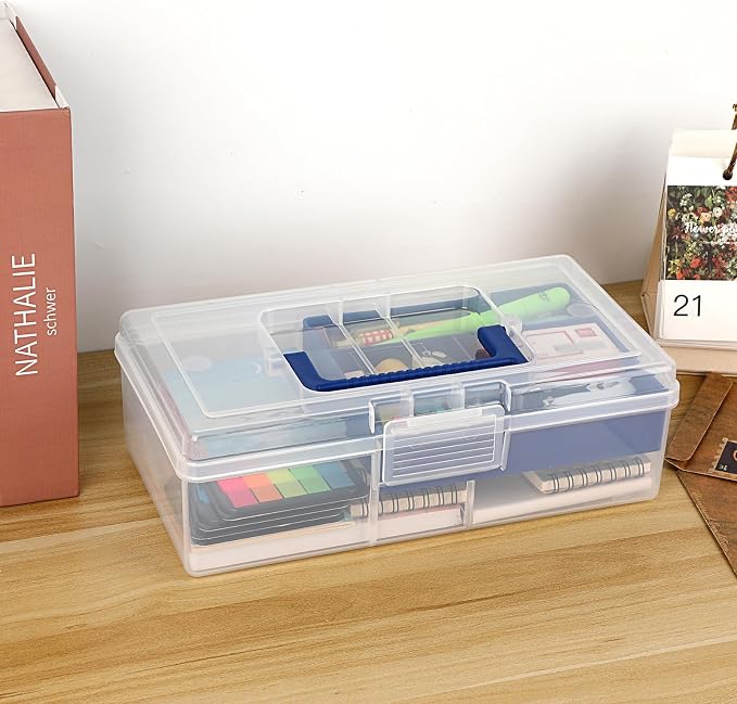 JUXYES Carry Craft Organizers Storage Box with Handle Lid and Diveded Tray | Clear Plastic Art Bin Sewing Storage Containers Tackle Box, 2 Layers Portable Storage Case for Craft, School Office Supplies