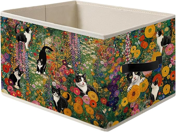 Gustav Klimt Inspired Tuxedo Cat Storage Bin Box with Handles, Colorful Floral Black and White Cat Foldable Organizer Basket Toybox for Home Bedroom Bathroom Clothes Toys Books