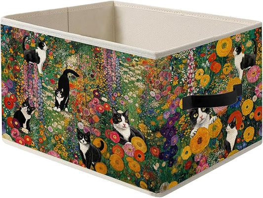Gustav Klimt Inspired Tuxedo Cat Storage Bin Box with Handles, Colorful Floral Black and White Cat Foldable Organizer Basket Toybox for Home Bedroom Bathroom Clothes Toys Books