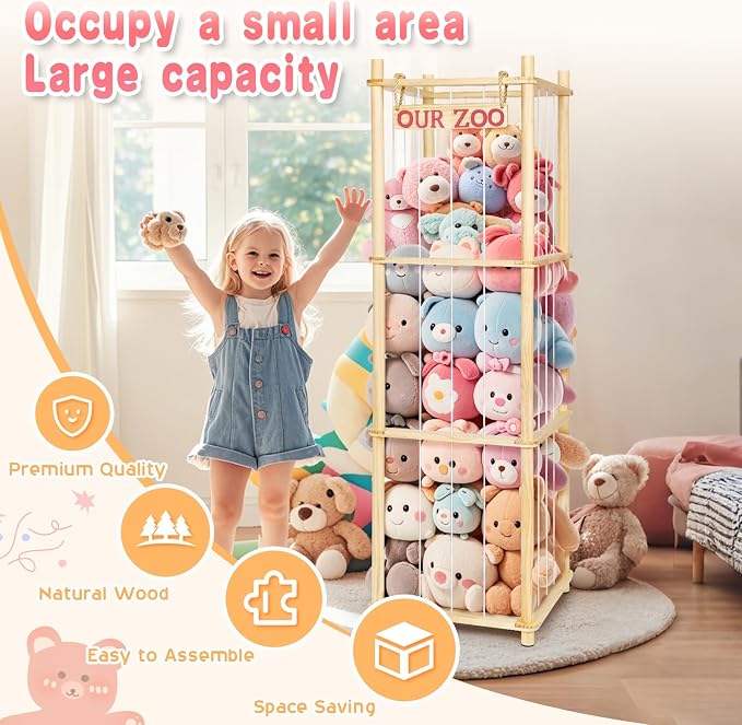 Stuffed Animal Storage - Tall Natural Pine Wood Toy Organizer with Elastic Cords & Shelf, Space-Saving Plushie Playhouse for Nursery, Playroom, Kids Bedroom - Easy Assembly