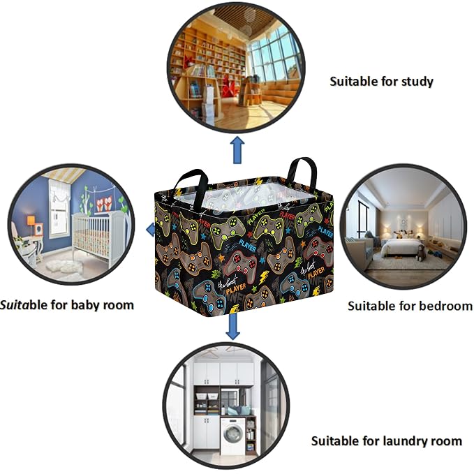 Gamepad Storage Basket, Rectangle Closet Baskets Foldable Organizer Bin with Handles for Bedroom Nursery Home Office Dorm Room