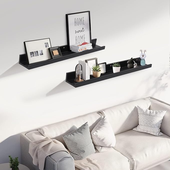 Muzilife 35.4" Large Floating Shelves Wood Wall Shelf with Lip, 2Pcs, Black | FSC-Certified Wood | 20 lbs Capacity | Space-Saving | Hanging Shelf | Wall Decor| Bedroom,Living Room,Bathroom,Kitchen,Office