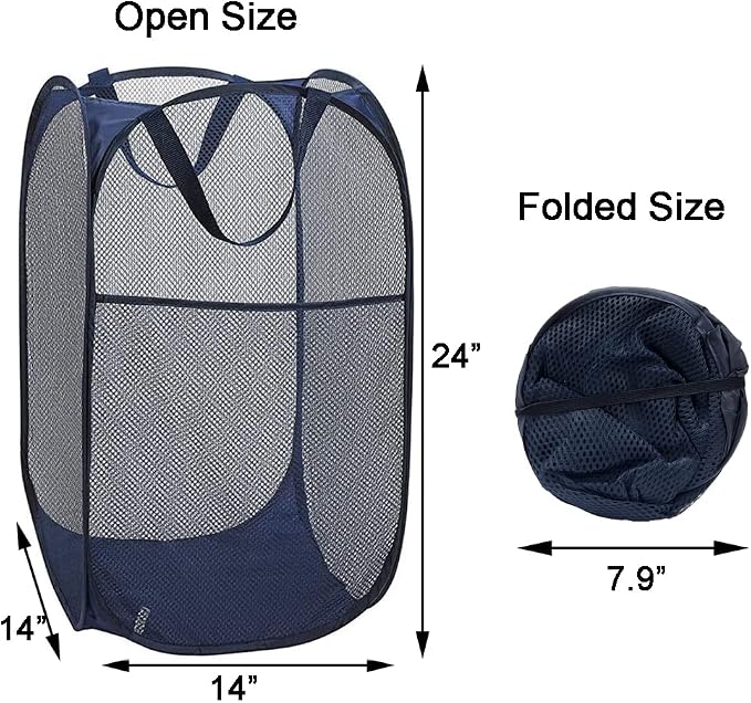 2 Pack Pop Up Laundry Hampers, Collapsible Mesh Laundry Basket, Foldable Clothes Hampers for Bathroom, College Dorm, Travel (Navy Blue)