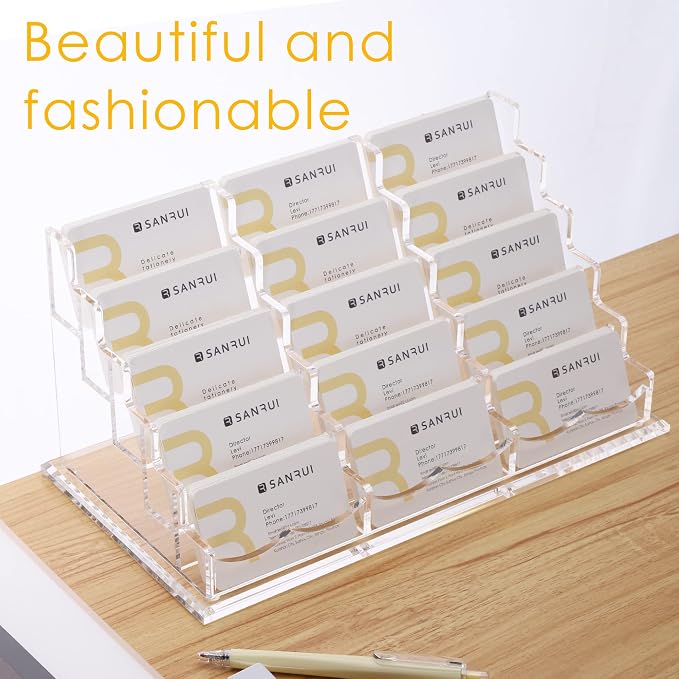 SANRUI Acrylic Multiple Business Card Holder Display for Desk, 15 Slots Business Card Stand, Clear Horizontal 5 Tier Business Card Holders, Holds 750-900 Cards